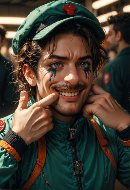 score_9,score_8_up,score_7_up,embedding:zPDXL2, film grain,Cinematic Lighting,colorful, 1boy, green_hat,mirror, from behind, from above, forced smile, mouth pull, fingersmile, makeup, clown nose, runny makeup, cyborg, bodysuit, headgear, beard, teeth,<lora:增强\(收藏)\sdxl_lightning_8step_lora.safetensors:1.0:1.0> <lora:增强\(收藏)\Midjourney mimic 2.0.safetensors:0.2:0.2> <lora:(风格)\Photo 2 Style SDXL_LoRA_Pony Diffusion V6 XL.safetensors:0.2:0.2> <lora:增强\(收藏)\Midjourney mimic 1.2.safetensors:0.6:0.6> <lora:(风格)\(收藏)\fiasco_A1.safetensors:0.6:0.6> <lora:(风格)\(收藏)\unholy-000009.safetensors:0.2:0.2> <lora:JokersForcedSmile_pdxl_Incrs_v1.safetensors:0.8:0.8>