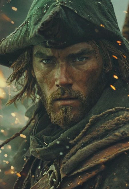 Link from zelda resembling Obi-wan Kenobi dressed like Haytham Kenway in a hat and green cloak ,Standing on a galley amidst a seafight, He walks down the stairs of the bridge on a huge galley during a fiery sea battle. Close-up of his relaxed, determined expression as the ship virtually explodes around him, splinters of wood and sparks flying around, flying Wood and particles, looking at Viewer, marine theme,  ethereal, atmospheric haze, Film grain, cinematic film still, shallow depth of field, highly detailed, high budget, cinemascope, moody, epic, OverallDetail, gorgeous, 2000s vintage RAW photo, photorealistic, candid camera, color graded cinematic, atmospheric lighting, skin pores, imperfections, natural, shallow dof,