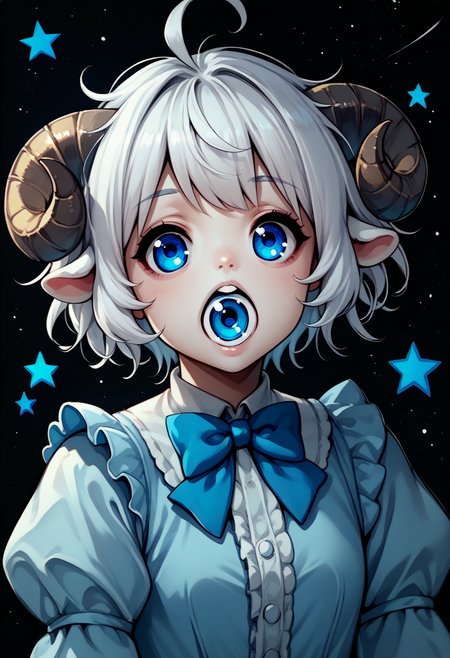 score_9, score_8_up, <lora:NSEyenom:1>  NSEyenom, open mouth, eye in mouth, 1girl, blue eyes, white hair, short hair, ahoge, messy hair, sheep horns, sheep girl, bowtie, black background, upper body, light blue dress, frills, puffy sleeves, stars
