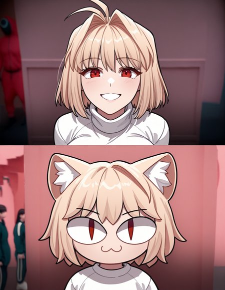 masterpiece, best quality, 2girls, 2koma, looking at viewer, comic, scene reference, blurry background, wrnchtskharcbrun, short hair, blonde hair, red eyes, large breasts, antenna hair, hair intakes, white sweater, turtleneck sweater, smile <lora:WrenchTsukihimeArcueidBrunestudIL:1> <lora:Year1&Year2SquidGameMeme_illusXLNoobAI_Incrs_v1:1>
masterpiece, best quality, 2girls, 2koma, looking at viewer, comic, scene reference, blurry background, cracen, animal ears, short hair, blonde hair, :3, cat girl, red eyes, slit pupils, chibi, animal ear fluff, white sweater, long sleeves, :3, white sweater  <lora:necoarc-guy90-Illust-LoraV1:1>  <lora:Year1&Year2SquidGameMeme_illusXLNoobAI_Incrs_v1:1>