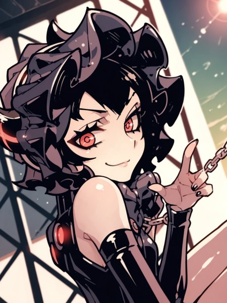 <lora:happy_tentacle-fishisodemon-v0.1-000020:0.9>, ht_fishisodemon, small breasts, black clothes, goth fashion, red eyes, bonnet, , upper body, 1girl, solo focus, (petite:1.2),(smile:1), school, rooftop, outdoors, chain-link fence, school uniform , backlighting, depth of field, from above, score_9, score_8_up, score_7_up, score_6_up, score_5_up, score_4_up,