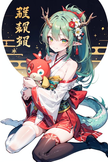 -dragon girl, 1girl, solo, tail, thighhighs, green hair, hair ornament, white thighhighs, pointy ears, dragon girl, hair flower, flower, horns, looking at viewer, long hair, no shoes, dragon tail, green eyes, object hug, ponytail, dragon horns, sitting, bow, red skirt, bare shoulders, japanese clothes, skirt, wariza, smile, yellow eyes, white background, ribbon, new year, sash, stuffed toy, closed mouth, blush, bangs, yellow bow, kimono<lora:dragon girl_20240110103648-000018:0.8>,