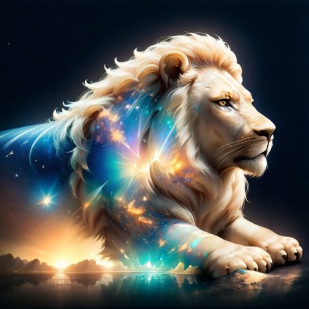 ral-opal, double exposure, no humans, lion, animal, galaxy, white fur, realistic,