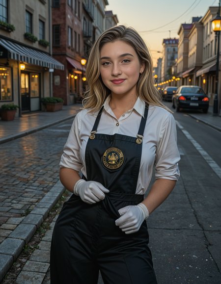 cowboy shot, looking at viewer,female_focus, medium close-up,,A woman wearing a Rolled-up shirt, long apron, gloves, black trousers, suspenders, badge ,stands confidently in a bustling city street at dusk. The streetlights cast a warm glow on the pavement, and neon signs flicker in the background. The personâs white gloves contrast sharply against the dark outfit, adding a touch of elegance. A light evening mist rises from the ground, creating a cinematic atmosphere. Pedestrians pass by, some glancing curiously at the well-dressed figure. The cityscape features modern and old architecture, blending tradition with contemporary urban life.
<lora:SDXLFaeTastic2400:0.4> <lora:extremely_detailed:0.4> extremely detailed, Masterpiece,best quality,hi res,8k,hi res,8k,award winning,(sharp focus, intricate, highly detailed),