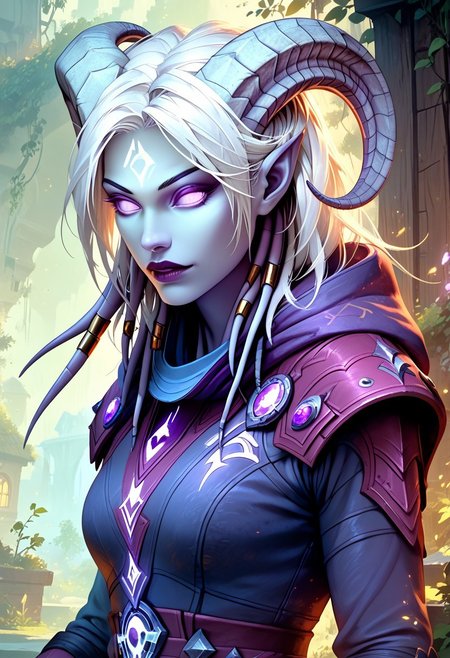 (absurdres, best quality, masterpiece:1.4), score_9, score_8_up, score_7_up, score_6_up, detailed, detailed body, detailed face, world of warcraft, fantasy, <lora:add-detail-xl:1.5>, 
fFaceDetail, SkinDetail, fFaceDetail, (female, draenei, h0rns, ram horns, white horns, tall, pale white skin, long white hair, purple eyes, no pupils, no sclera),
armor, bodysuit, belt, gloves, hood, mask,
alone, upper body, 
fantasy village background,