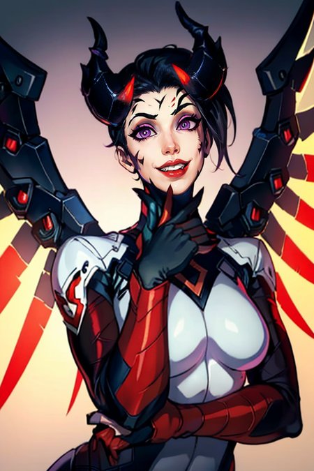 masterpiece,best quality,extreme detail,8k,image sharpness,<lora:mercy-10:0.8> mercy2, 1girl, solo, looking at viewer, smile, short hair, black hair, gloves, purple eyes, upper body, parted lips, wings, horns, blurry, official alternate costume, lips, bodysuit, makeup, blurry background, glowing, facial mark, own hands together, lipstick, demon horns, forehead mark, nose, emblem, red lips, dark persona, mechanical wings, patch, glowing wings