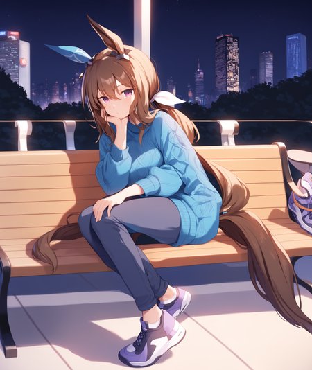 score_9, score_8_up, score_7_up, source_anime,
1girl, solo, full body, sitting on bench,
night, cityscape, park, 
horse girl, horse ears, horse tail, purple eyes, brown hair, ponytail, looking at viewer,  ear covers
casual_clothes, blue sweater, rib sweater, pants, sports shoes,
 <lora:Admire_vega_XL-ponyXL_optV2-000008:1>