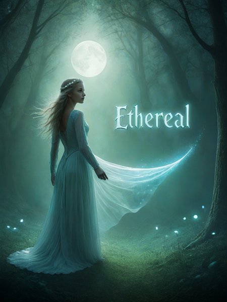 (Create a fantasy poster).
(text title: "Ethereal").

Glowing text in the air. A glade by moonlight. Female.

<lora:EtherealSaraph01a_CE_XL_300-OT:0.3> ethrlsrphCE_style
<lora:TextTitle01_CE_XL_300-OT:0.6> txttlCE_style