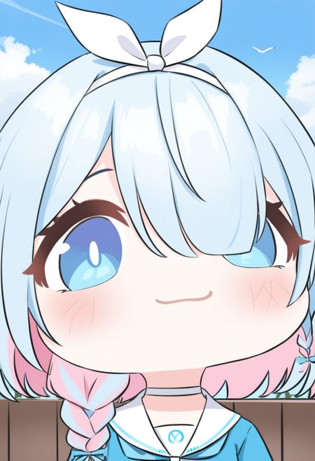 <lora:datou_v1:1>,datou, arona (blue archive), 1girl, solo, white choker, blue eyes, hair over one eye, pink hair, blue hair, multicolored hair, braid, choker, looking at viewer, sky, portrait, smile, :3, cloud, short hair, hairband, colored inner hair, single braid, two-tone hair, blush, blue sky, ribbon, closed mouth, hair ribbon, chibi, fence, outdoors