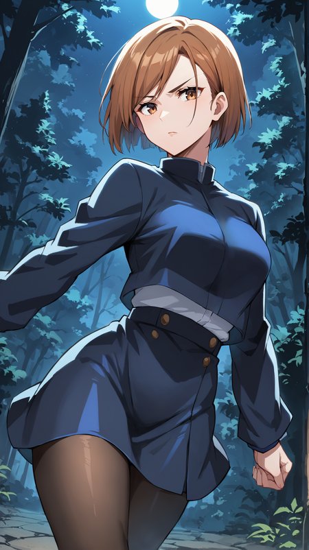 score_9,score_8_up,score_7_up,score_6_up, source_anime, zPDXL, <lora:xl_more_art-full_v1:0.5>, woman, dynamic pose,  <lora:Nobara - Pony-000004:0.8>, short hair, brown hair, brown eyes, blue jacket, overhanging jacket, long sleeves, blue skirt, pantyhose, serious, in profile, night time, darkness, moonlight, forest,