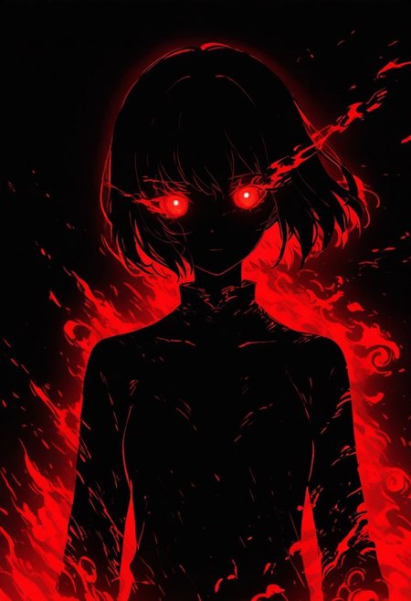 GLTST, Glitch, , glowing, solo, short hair, glowing eyes, 1girl, looking at viewer, fire, black background, red eyes, red theme, burning, upper body