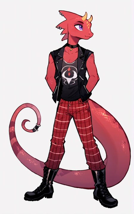 score_9, score_8_up, score_7_up,((best quality)), absurdres,((full body)),  <lora:3d-2d:0.8>,   <lora:FlickPXL:0.8>,FlickPXL, furry, lizard tail, horns,purple eyes, red skin, piercing, yellow horns,tail, reptile,pants, jacket, black jacket, shirt, black shirt, sleveless,boots,red pants, tank top, black tank top,choker,black chocker,open vest, boots, black boots, argyle,plaid pants,white background, slim
