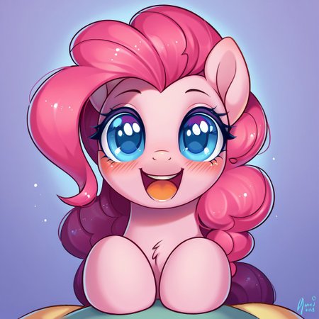 score_9, score_8, score_7, source_pony, pinkie pie, POV, looking at viewer, blush, smile, open mouth, upper teeth only