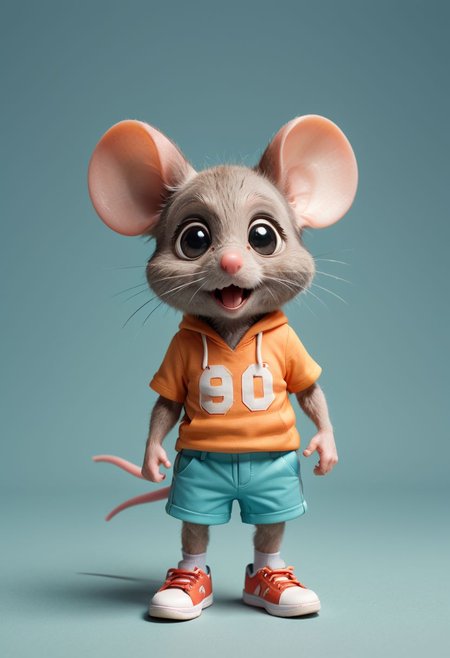 Cute little happy miniature chibi mouse with big comically bright eyes, wearing shorts and tennis shoes,