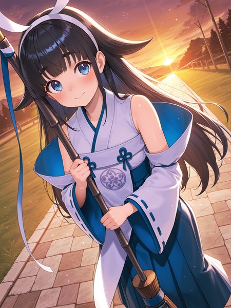 shinonome the vaylantz priestess, 1girl, solo, smile, outdoors, holding white broom, stone floor, grass, evening, blush, sky, thick eyebrows, closed mouth, cloud, white hairband, white ribbon-trimmed sleeves, white sleeveless kimono, blue hakama skirt, white breast curtain, dutch angle, two-handed,
masterpiece,best quality,amazing quality,very aesthetic,absurdres,newest,scenery,extreme detail,8k,light particles,soft lighting,volumetric lighting,intricate details,finely detailed,detailed eyes,<lora:Shinonome the Vaylantz Priestess illusXL v1.1:0.75>