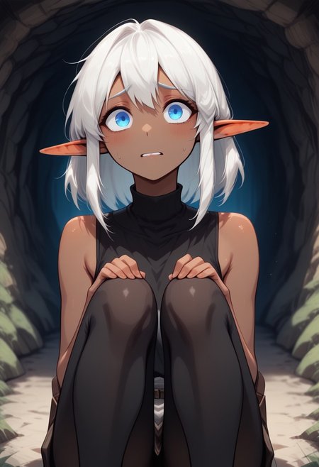 masterpiece , best quality , highly detailed, ultra quality, best shadow, extremely delicate and beautiful, detailed light, depth of field, detailed eyes, detailed hand, perfect ears, perfect face, perfect eyes,
Solo, 1girl, Garial, white hair, dark skin, blue eyes, black sleeveless top, black leggings, sitting, knees up, looking upward, nervous expression, close up, face focus,
Underground, organic cavern background,