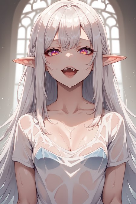 score_6, score_7, score_8 , score_9 ,  , 1girl ,  looking at viewer , ,( masterpiece:1.3) , elf girl , anime style , (albino , white skin:1) , very detailed and smooth quality ,hyperrealism , (hyper resolution) , small breasts, transparent shirt , wet , open mouth , fang tooth, medium close up , detailed face , rendered eyes , cleavage ,