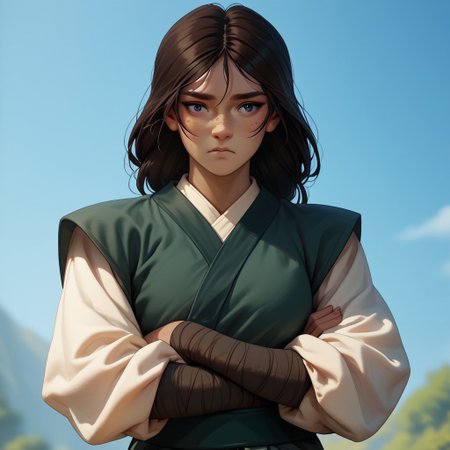 score_9, score_8_up, score_7_up, score_6_up, score_5_up, score_4_up, 1girl, kyoshi, dark skin, freckles, arms crossed, broad shoulders, tall, fit,