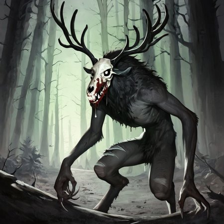 score_7_up, score_8_up, score_9_up, cinematic film still of <lora:Low-key lighting Style:1> dim light, low light, dramatic light, partially covered in shadow, Deep shadows, realistic, gaunt, long limbs, wendigo, highly detailed, monster, skull head, large antlers, claws, dark fur, glowing eyes, torn skin, exposed bones, gaping maw, sharp teeth, drooling, bloody, 
dynamic lighting, (outside, woods), nighttime, film grain, black and white photo