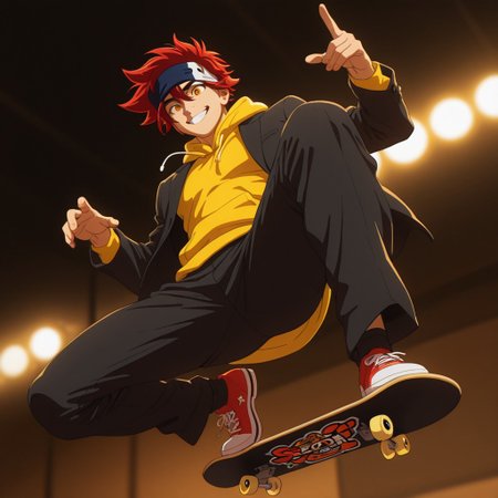embedding:lazypos, Masterpiece, Best Quality, male focus, score_9, score_8_up, score_7_up, solo,  dynamic angle, dynamic lighting, 
BREAK, 
1boy, Reki Kyan, amber eyes,( eyecatch:1.1), red hair, headband, full body, fit body, athletic, pecs, broad shoulders, black jacket over a yellow hoodie, black pants, performing kick flick with a skateboard,( in the air:1.1), 
BREAK,
view from below, low angle, smiling, beaming smile