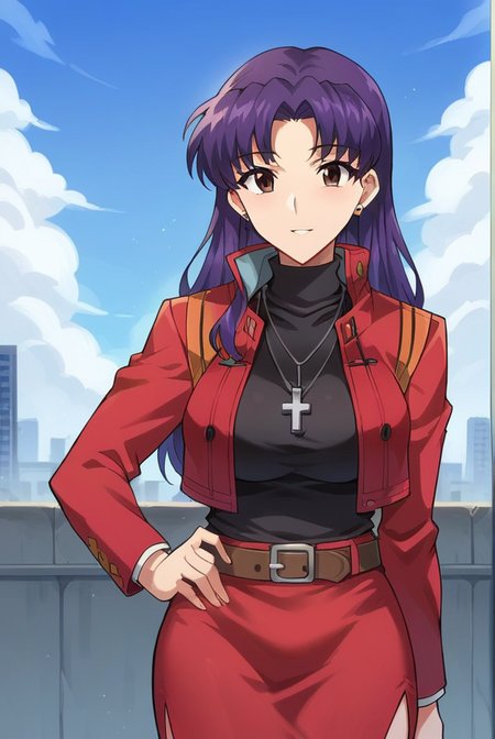 score_9, score_8_up, score_7_up, score_6_up, score_5_up, score_4_up,
BREAK source_anime, 
misatokatsuragi, <lora:misato_katsuragi_rebuild-sdxl-lora-nochekaiser:1>,
misato katsuragi, long hair, brown eyes, purple hair, parted bangs, mature female,
skirt, jewelry, jacket, belt, necklace, uniform, cross, red jacket, pencil skirt, cross necklace, red skirt, black shirt, turtleneck, cropped jacket,
outdoors, city, sky, clouds,
looking at viewer, contrapposto,