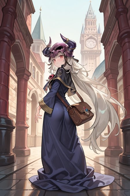 masterpiece, very aesthetic, absurdres, best quality, amazing quality, high resolution, <lora:illustrious_quality_modifiers_masterpieces_v1:0.8> , <lora:ChamIllustriousBackgroundEnhancer:0.5>,  solo, <lora:NecromancerIL:0.8> , necdef, 1boy, red eyes, long hair, very long hair, grey hair, skull, horned helmet, horns, fake horns, skull brooch, black capelet, robe, long sleeves, bag, full body, from behind, looking back, looking at viewer, frown, academy, medieval, wizard towers, exterior,