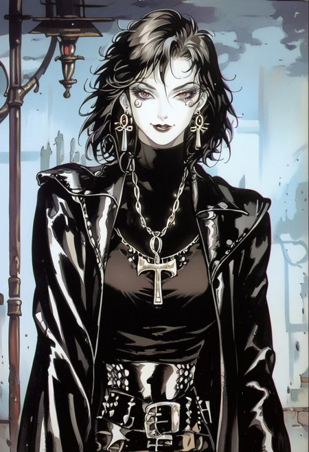score_9_up, score_8_up, score_7_up, sad 1girl, dark theme, low light, character focus, dinamic composition, best quality, 1990s \(style\), noir, kojima ayami, perfect anatomy, looking at viewer, smile, calling with the finger BREAK Ladydeath, chainmail top, seethrough top, leather pants, egyptian cross on necklaces, goth make up, messy hair, pale skin, eye of ra, thight clothes, BREAK night, street light, alley