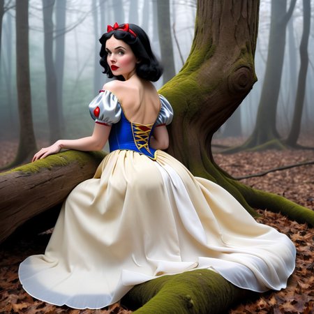 The image depicts  Snow White is posing on a tree, kneeling in such a way that the dress obscures her lower back,  .  <lora:ptgs:0.8>,forest