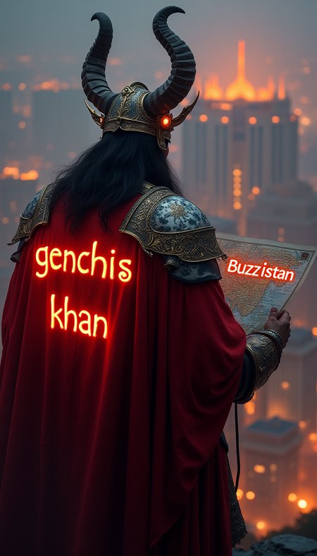 a realistic image of the mongol genghis khan, mighty glowing horned helmed looking down at the great city, on his back is written in glowing neon  text "genghis" the might khan is holding a map with the text "BUZZ'istan" from above 
<lora:flux_realism_lora:0.3>