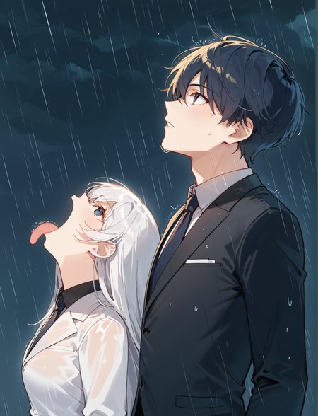 score_9, score_8_up, score_7_up, source_anime, 
gokumeme, rain, 1girl, long hair, tongue out, looking up BREAK,  1boy, formal outfit, <lora:gokumeme_xl:0.7>