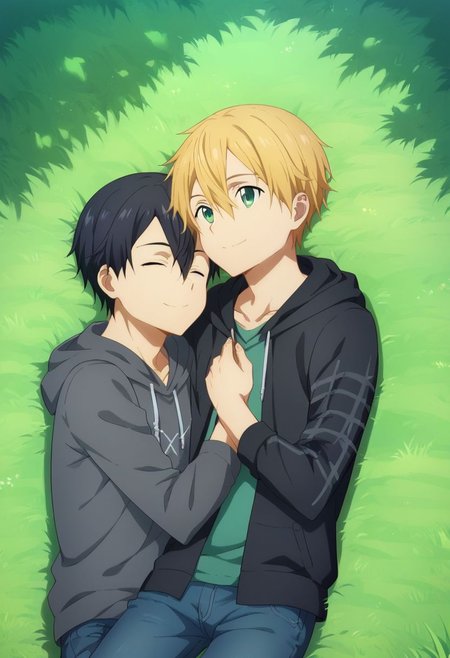 score_9, score_8_up, score_7_up, source_anime, highly detailed, 
1boy, 1boy,
Kazuto Kirigaya, SAO, black hair, black eyes,
and eugeo, green eyes,blonde hair,hair between eyes, green eyes, 
outdoor, tree, grass, lying down, tartan blanket, hoodie, jeans, socks, sleeping, head on chest, embrace, smile, closed eyes, up view,