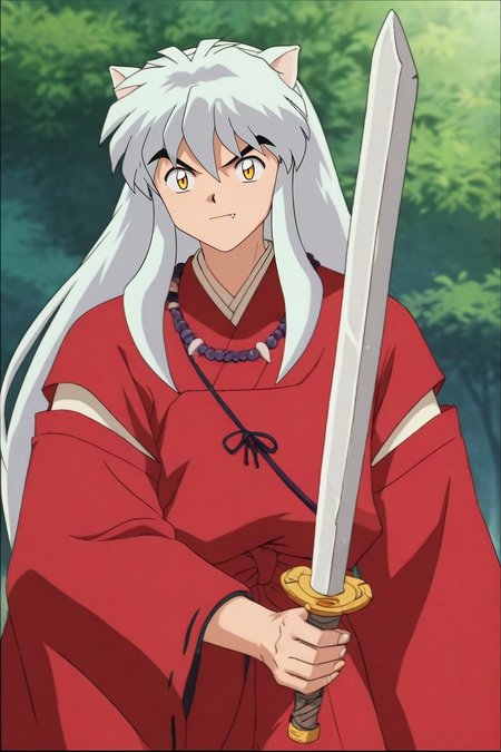 score_9, score_8_up, score_7_up, source_anime, rating_safe, intricate details, (3d:0.4), looking at viewer, depth of field, 1boy, solo, male focus, <lora:inuyasha_pony:0.92>, inuyasha, white hair, yellow eyes, long hair, animal ears, dog ears, necklace, jewelry, holding, holding weapon, fang, sword, holding sword, weapon, fingernails, kimono, japanese clothes, red kimono, sword over shoulder, <lora:sdxl_lightning_8step_lora:1>