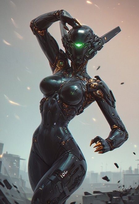 score_9, score_8_up, score_7_up, score_9, score_8_up, score_7_up, 1 girl, black bodysuit, gold claws, breathtaking green glossy armored cybernetic robot,  cyberpunk demon helmet, futuristic, exosuit, tactical, advanced gear, huge perky breasts,  BREAK, floating in a yoga pose, a sleek, highly detailed, futuristic, intricate, elegant, cinematic film still stylized by Sam Mayle, photograph