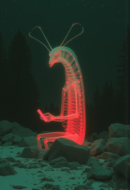 x-ray, close-up photograph of an anthropomorphic mantis dude sitting on a rock with his phone, night, green wall forest, overcast, starry sky, flickering snowflakes, glowing red snow