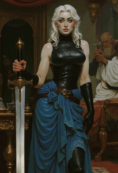 19th century Victorian oil painting by Ernest Normand art by incase of a (fierce feral) grey ahir older woman posing with large sword. sun beam. green eyes, wearing a black leather breastplate over a ragged blue dress. pinup art. dark background, hkstyle