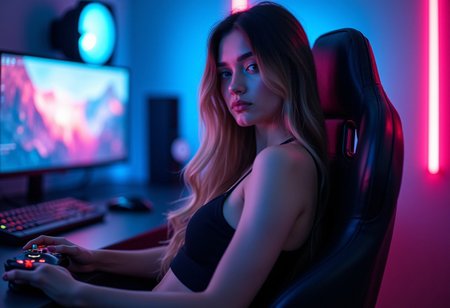 Create a highly detailed and visually stunning photograph of a beautiful female gamer in her late 20s, with a slim and athletic build. She is sitting confidently in a high-tech gaming chair, surrounded by a vibrant, futuristic gaming setup with neon lights illuminating the scene. The background features glowing screens and gaming equipment, casting a soft blue and pink glow on her. Her long, flowing hair is styled elegantly, and she’s wearing a sleek, futuristic outfit that subtly accentuates her figure. Her face shows focus and determination as she grips a high-end gaming controller, her striking eyes glowing with the light from the screens. The lighting should enhance her beauty, with deep shadows and high-contrast reflections highlighting her sharp features and the glossy texture of the gaming setup. The overall scene should feel dynamic, modern, and slightly sensual, capturing the intensity and allure of a top-tier gamer in action.