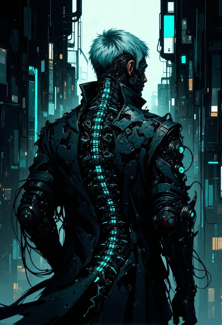 high detail, lots of detailed details, masterpiece, rich image, perfect shadow, stylish, modern, high-definition, cyberpunk, science fiction. The image is a digital illustration in style cyberpunk. The subject is a figure from behind, depicted in a futuristic, sci-fi aesthetic. The picture shows a man wearing a high-tech long coat with separated coattails and neon lights that shimmer with bright blue shades. The coat is decorated with an elegant dragon pattern and a high collar. The character's hair resembles an undercut haircut, that is painted white. Her hair is decorated with intricate glowing patterns that emphasize the cyberpunk theme. The skin of the figure is partially cybernetic, with visible glowing pulsating veins and electrical circuits, especially on the back, running along the spine. The implant is clearly visible on his back. Segmented spine with blue indicators on each individual vertebra. Each segment is covered with metal plastic with aggressive angular edges. The implanted spine sends a multitude of nerves and veins through the body that give off a blue glow, suggesting advanced cybernetic integration or a merger of biotechnologies. The background is mirrored skyscrapers and holograms.   <lora:digital-abyss:0.5> ,  <lora:bo-cyborgsplash:0.7> ,  <lora:ck-nc-pastel-cyberpunk:0.5> ,  <lora:Blade Runner style v1:0.7> Blade Runner style,  <lora:FLUX-daubrez-DB4RZ-v2:0.85> ,  <lora:Neon_Cyberpunk_Splash_Art_FLUX:0.8> ,