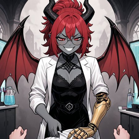 masterpiece, best quality, newest, absurdres, highres,  SOPHV2.1, demon girl, grey skin, colored skin, glasses, round eyewear, prosthetic arm, prosthesis, lab coat, dress, black dress, open coat, red hair, horns, black horns, solo, solo focus, wings, demon wings, smug, smile, grin,