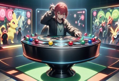best quality, high resolution, a display stand for a pokemon trainer with details of pokemon and pokeballs
