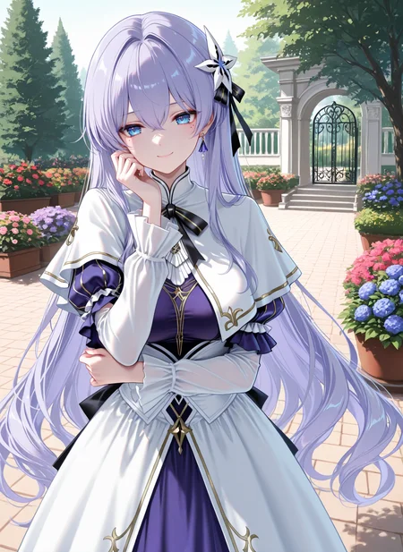 masterpiece,best quality,newest,absurdres,highres,soft shadows,year2024,mutou kurihito,(kimishima ao:0.7),(hiten \(hitenkei\):0.4),(sheya:0.4),
<lora:Cantarella youngXLNAI:1>,Cantarella (\young\),1girl,light purple hair,blue eyes,hair ornament,hair between eyes,mole under eye,earrings,white capelet,puffy sleeves,long sleeves,purple dress,white dress,
standing,outdoors,garden,hand on own cheek,smile,