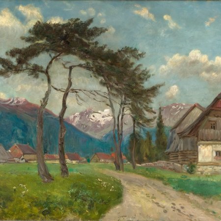 jchelmonski panorama of the village, path, trees in the background of the mountains <lora:jchelmonski:1>
