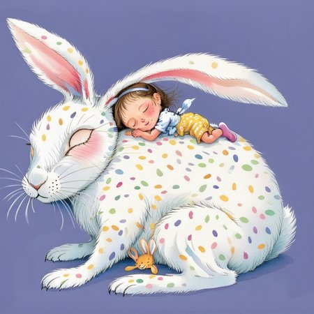 A watercolor-style image of a giant rabbit curled up in a peaceful sleeping position. The rabbit should look fluffy and inviting, with its ears relaxed and eyes closed. On the rabbit's back, there should be a little girl lying down, also in a relaxed and peaceful state, perhaps even asleep. The girl could be holding a small stuffed animal or a book, adding to the sense of comfort and tranquility. The setting should be dreamy and serene, perhaps with soft, glowing lights or floating magical elements to enhance the whimsical atmosphere, <lora:jimi:0.8>