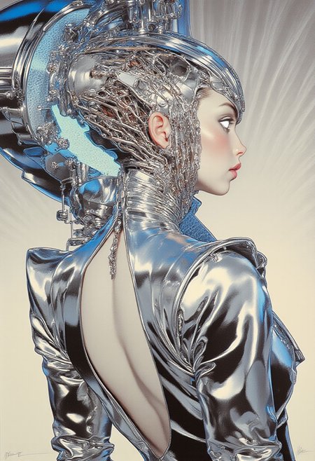 A futuristic gothic woman in a side profile, her glowing white eyes radiating an intense presence. She wears a flowing, high-collared ensemble of liquid silver chrome, its glossy, reflective surface shimmering under the ambient light. The fabric ripples like molten metal, catching every flicker of illumination against a radiant metallic silver background. Her lips gleam with a polished mirror-like sheen, contrasting her luminous complexion. The back of her head extends into an intricate cyberpunk structure of polished mechanical components, with sleek, mirror-like plating, exposed fiber-optic wires, and glowing circuits that pulse with icy white energy. A translucent, bioluminescent silver visor, shimmering with shifting iridescent highlights, encases the upper part of her head, revealing the complex inner workings beneath. Synthetic neural pathways, infused with liquid silver nanowires, weave through her skull, glowing with dynamic, pulse-reactive light. A thick, segmented tube carrying toxic fluorescent blue fluids is attached to her back, its glass-like exterior refracting light into sharp beams of color. Her pristine hands, adorned with delicate metallic implants, glisten with platinum reflections, embodying the fusion of gothic beauty and futuristic technology. The entire atmosphere is a spectacle of hyper-detailed, light-catching brilliance, seamlessly merging gothic elegance with cybernetic opulence. (ArsMJStyle, Colored pencil hyperdetailed realism, By Donna Young)