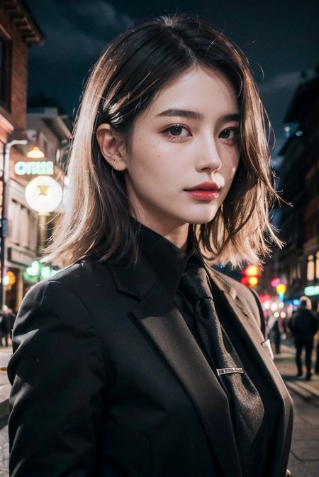 (cowboy shot:1.1), (masterpiece, best quality, high quality, highres, ultra-detailed), lamppost, night, crowd, 
1girl, long hair, platinum blonde hair, green eyes, looking at viewer, light smile, allblacksuit, 
AS-Adult, Asian-Less, SkinHairDetail, <lora:attire_allblacksuit:1>,