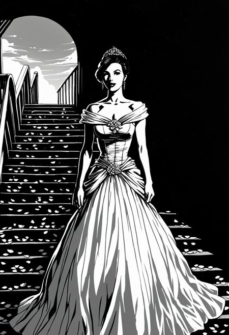 High-detail black and white pencil drawing. A beautiful girl in a magnificent dress made of red flowers descends a staircase. A long train of petals flows behind her. In the background, a seascape at sunset with a ship bearing scarlet sails. Contrasting play of light and shadow emphasizes textures and forms. Wind-blown petals create a dynamic atmosphere. The staircase leads to the sea, symbolizing a transition between worlds. Expressive black and white tones with accents of vivid red on the dress and sails. Style combines realism and romantic fantasy