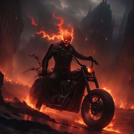 Dark Fantasy Art, Dark Moody Atmosphere, dramatic, mysterious, dark moody atmosphere, dark, moody, dark fantasy style, realistic anime,
BREAK,
Ghost Rider rockets up the skyscraper, his flaming motorcycle scorching a fiery path over glass and steel,
BREAK,
His skull, engulfed in hellfire, casts a sinister, flickering glow, with empty eye sockets seething with vengeful fire,
BREAK,
Flames curl around his skeletal form, his leather jacket and pants seared and frayed, smoldering as he rides,
BREAK, 
sitting on his bike, (((cracked roadway))), cracked road, skull, from side, low angle shot, close up shot, detailed afce, detailed skull, front view, wide angle, burning wheels and bike, chopper motorcycle, chopper, burning engine, leaking lava from cracked road, red sunset, 
detailed bike, 
