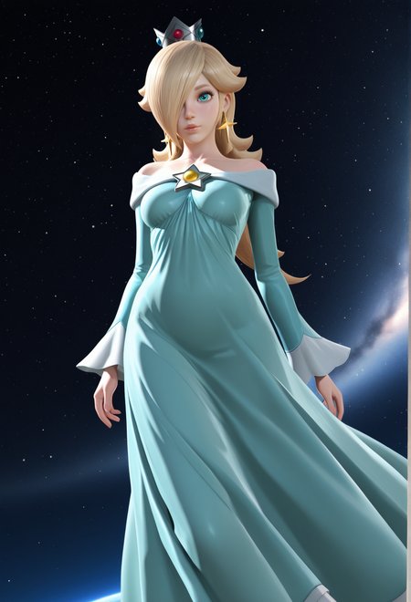 masterpiece, best quality, amazing quality, highres, absurdres, intricate detail, 3dreal, 3d, realistic, 1girl, solo, rosalina, blonde, hair over one eye, blue dress, long dress, arm at side, outside, space, sky, stars, bloom, floating