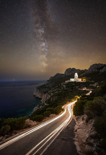 Long exposure photography capturing Formentor lighthouse in Mallorca, 
1893 construction with modern car headlights creating snaking trails, 
Mediterranean ambiance, 
ancient stars adding to the illumination, 
low season ambiance with closed road, 
year-round accessibility via foot, 
bike, 
or shuttle, 
northernmost cape of Mallorca featuring historical architecture, 
summertime congestion prevention, 
in natural light, 
ultra clear, 
dramatic lighting.