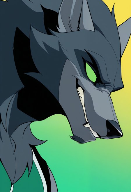 masterpiece,best quality,amazing quality, 1boy, solo, blitz10, wolf boy, close up, side angle, smirk, no pupils, green outfit, 

black and green gradient background, 