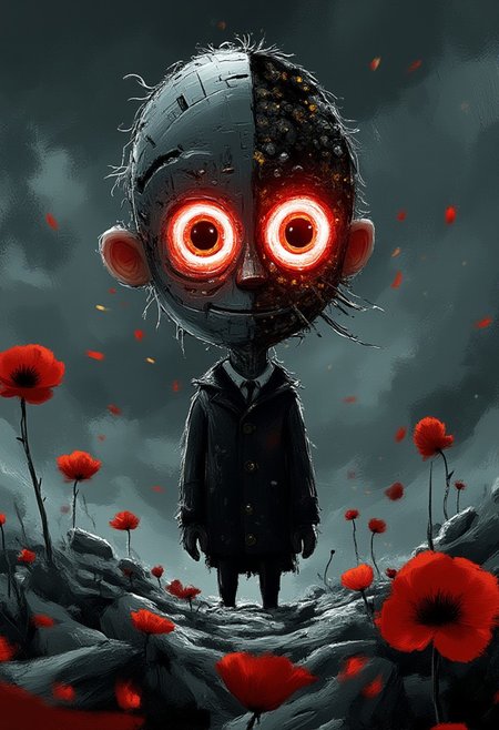 A whimsical illustration of a tall metallic figure with enormous glowing crimson eyes in dark whimsical art style, half of its face revealing chrome endoskeleton with exposed mechanical parts, wearing a tattered black leather jacket, digital painting with industrial brushstrokes showing battle-worn metal textures and gleaming chrome, dark stormy background with floating embers and sparks from damaged circuits, characteristic Tim Burton inspired design with asymmetrical face - one side human-like with stretched features, the other mechanical with exposed gears and wires, eyes blazing like laser beams in the darkness, standing among crushed metal and scattered red poppies that reflect the glow of its eyes